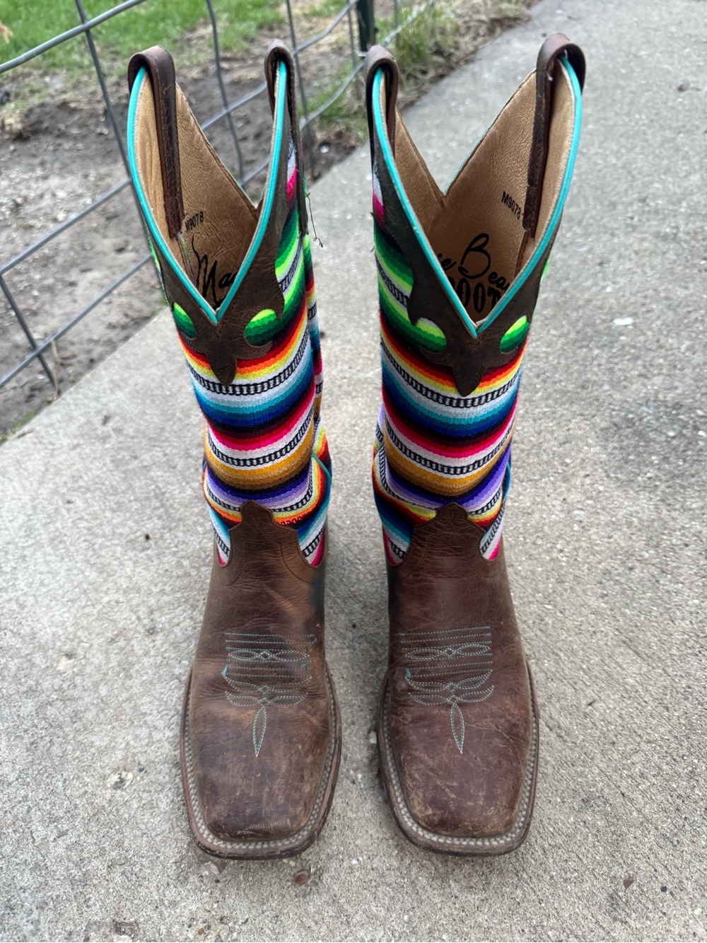 Macie Bean Brown Leather Boots with Multicolor Serape Shaft